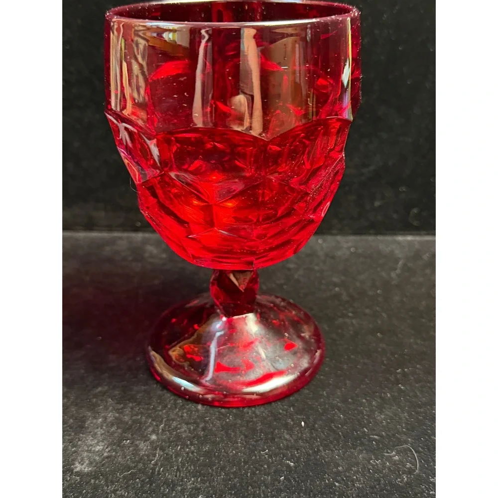 Vintage Ruby Red Glass Goblet‎ Thumbprint Pattern Stemware Wine Water Glass